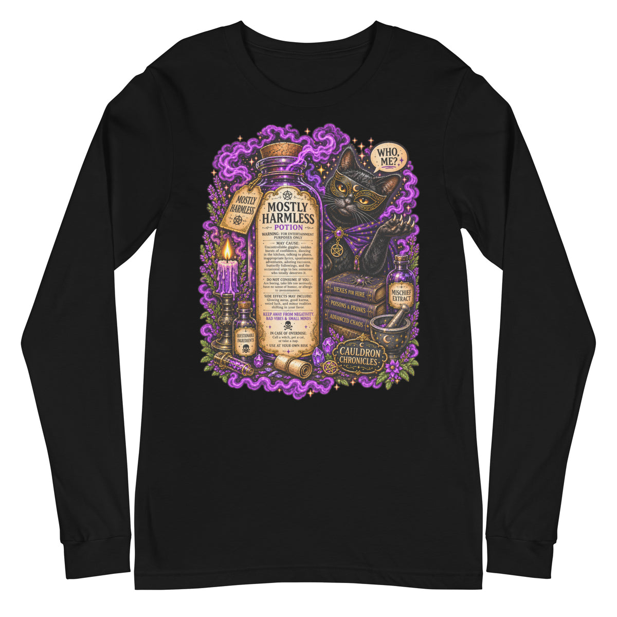Mostly Harmless design, a potion bottle and a masked black cat, on a black unisex long sleeve tee, front view