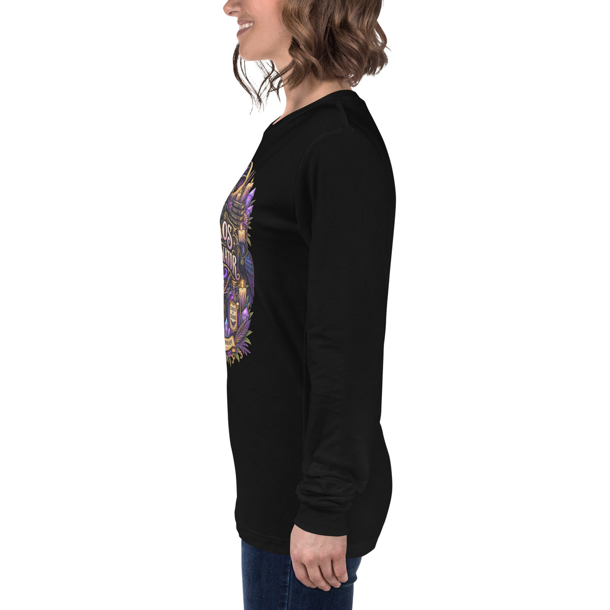 Chaos Coordinator whimsigoth design, a witchy black cat in a pointed hat, on a black unisex long sleeve tee, left side view