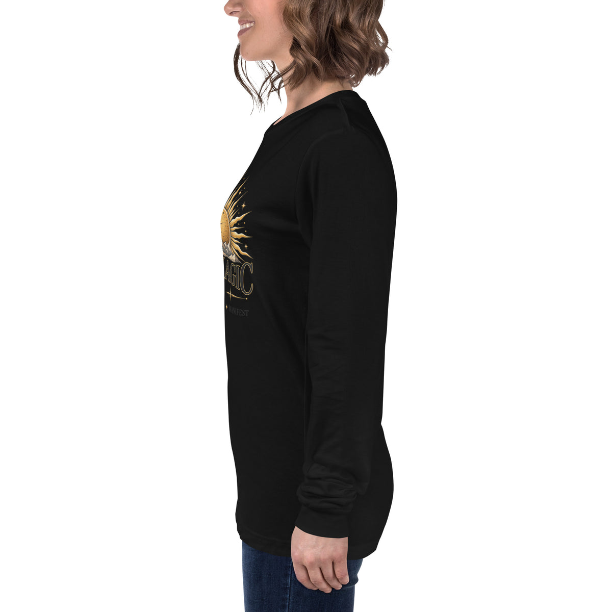 I Am Magic design with a gold sun face, Be Magical collection, on a black unisex long sleeve tee, left side view