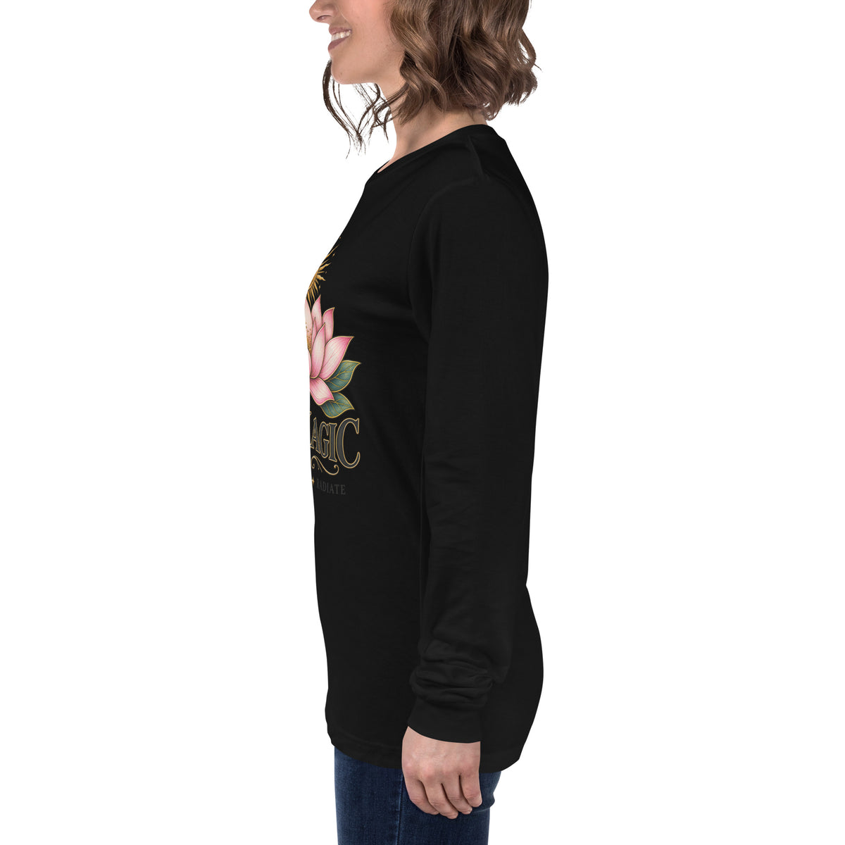 I Am Magic design with a gold lotus, Be Magical collection, on a black unisex long sleeve tee, left side view
