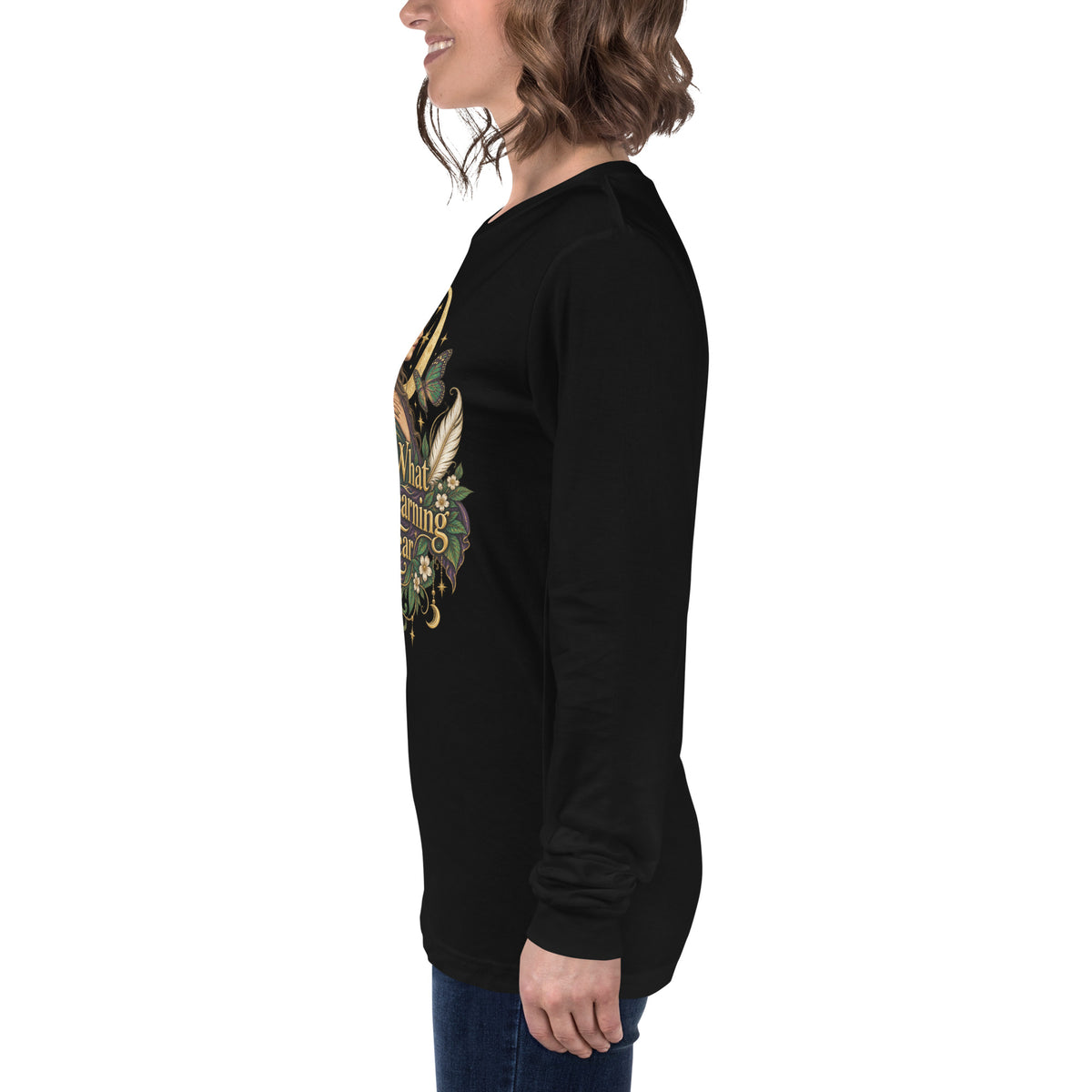 Trust What You're Learning To Hear design, Apprentice Edition, on a black unisex long sleeve tee, left side view