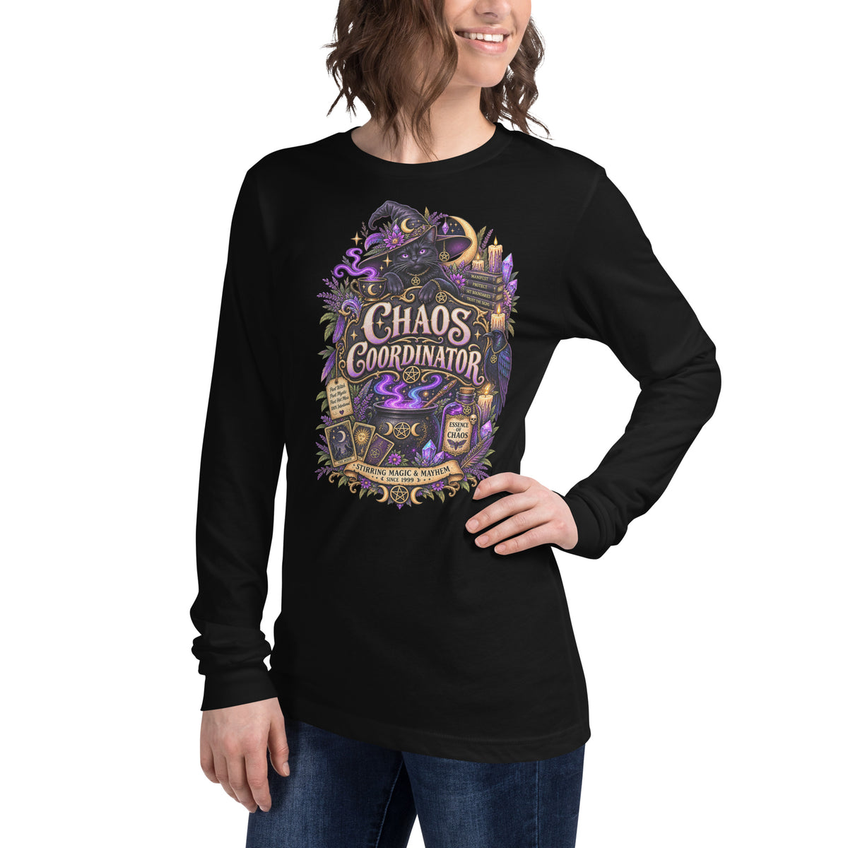 Chaos Coordinator whimsigoth design, a witchy black cat in a pointed hat, on a black unisex long sleeve tee, left front view