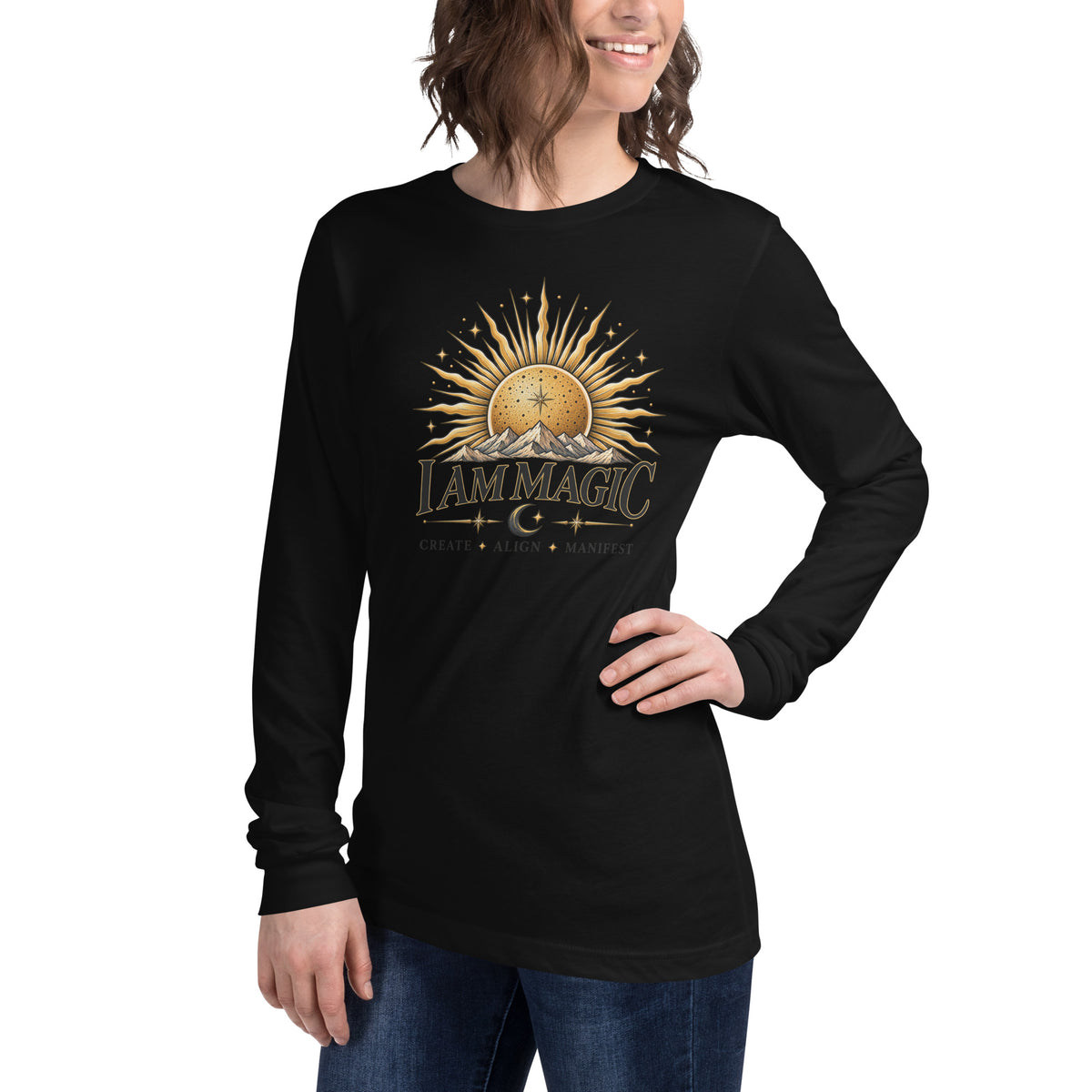I Am Magic design with a gold sun face, Be Magical collection, on a black unisex long sleeve tee, angled left front view