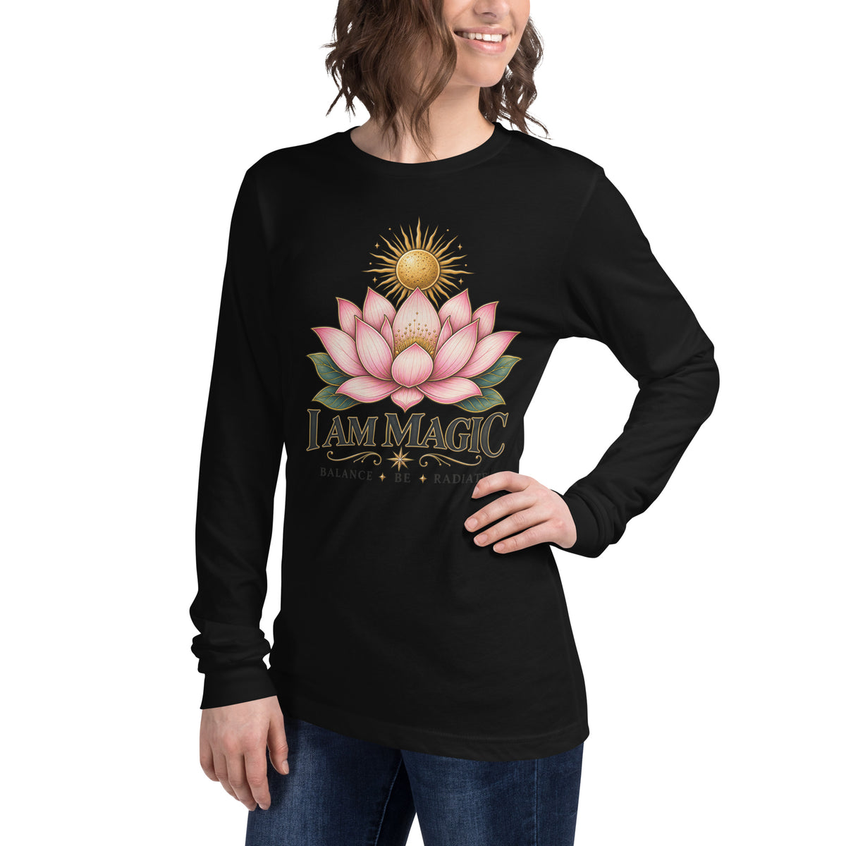 I Am Magic design with a gold lotus, Be Magical collection, on a black unisex long sleeve tee, angled left front view