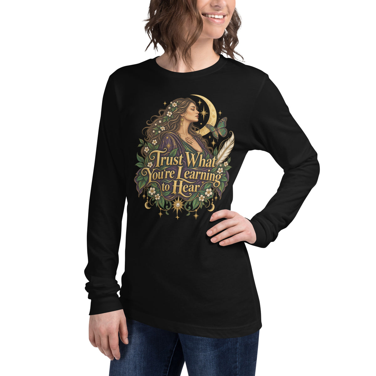 Trust What You're Learning To Hear design, Apprentice Edition, on a black unisex long sleeve tee, angled left front view