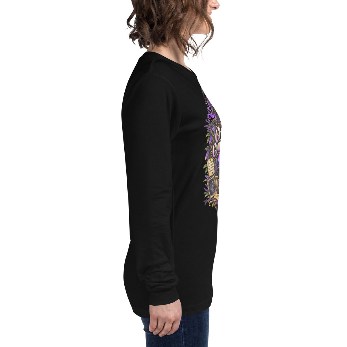Chaos Coordinator whimsigoth design, a witchy black cat in a pointed hat, on a black unisex long sleeve tee, right side view
