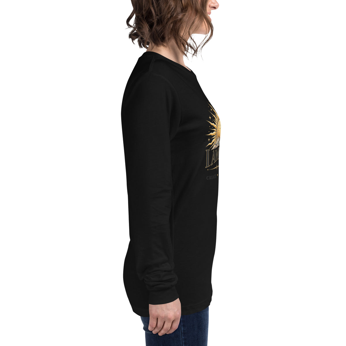 I Am Magic design with a gold sun face, Be Magical collection, on a black unisex long sleeve tee, right side view
