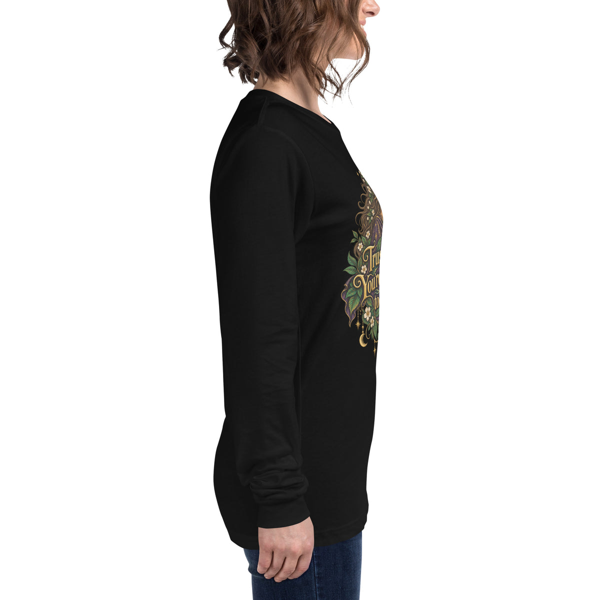 Trust What You're Learning To Hear design, Apprentice Edition, on a black unisex long sleeve tee, right side view