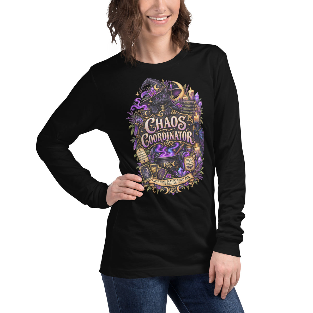 Chaos Coordinator whimsigoth design, a witchy black cat in a pointed hat, on a black unisex long sleeve tee, right front view
