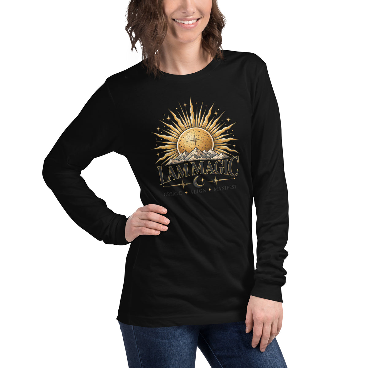 I Am Magic design with a gold sun face, Be Magical collection, on a black unisex long sleeve tee, angled right front view