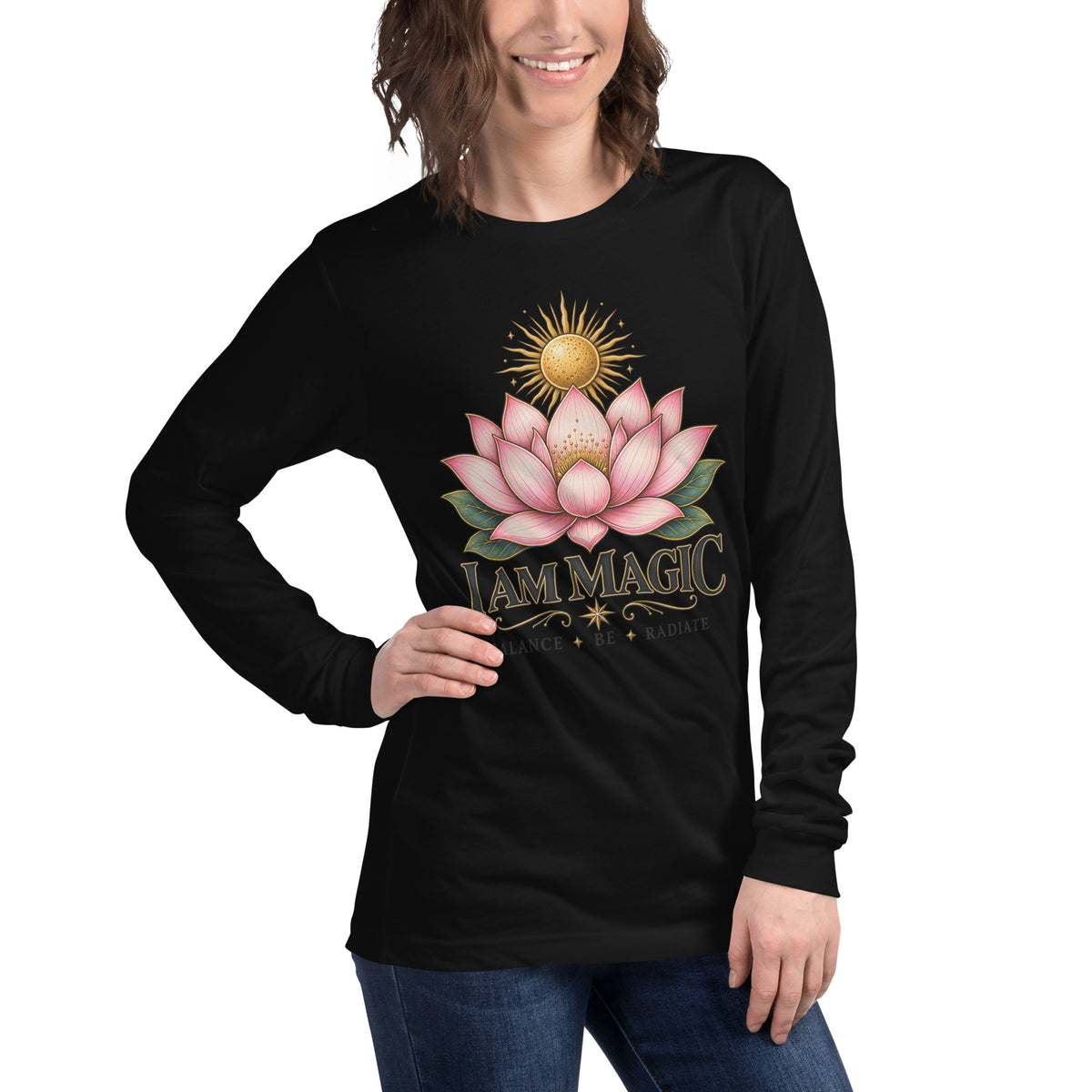 I Am Magic design with a gold lotus, Be Magical collection, on a black unisex long sleeve tee, angled right front view