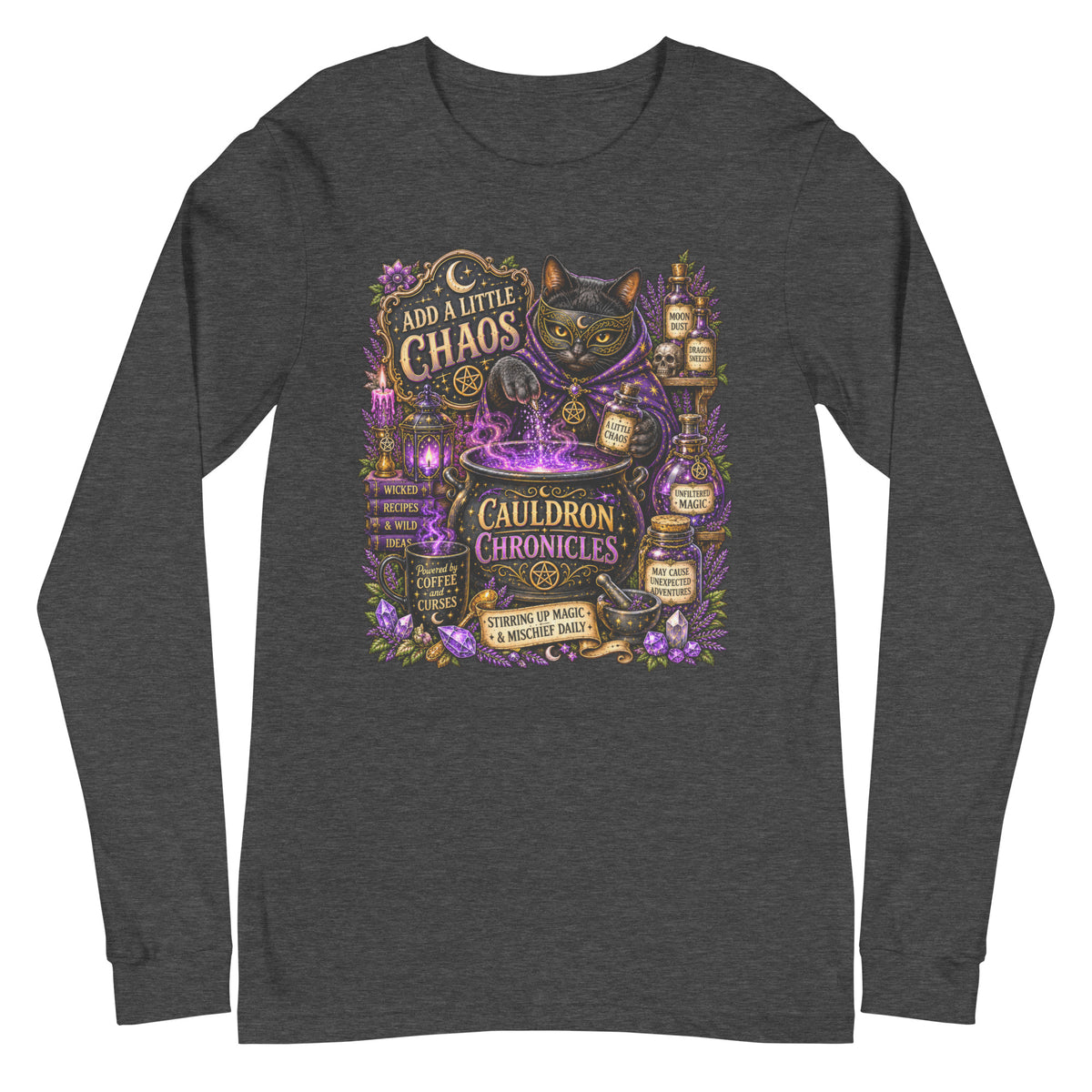Add A Little Chaos design, a masked black cat stirring a bubbling purple cauldron, on a dark grey heather unisex long sleeve tee, front view