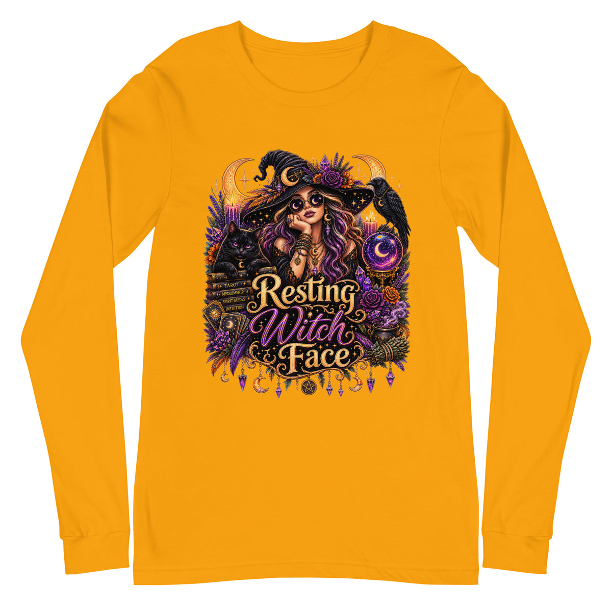 Resting Witch Face whimsigoth design, a witch in round sunglasses with her black cat and a raven, on a gold unisex long sleeve tee, front view
