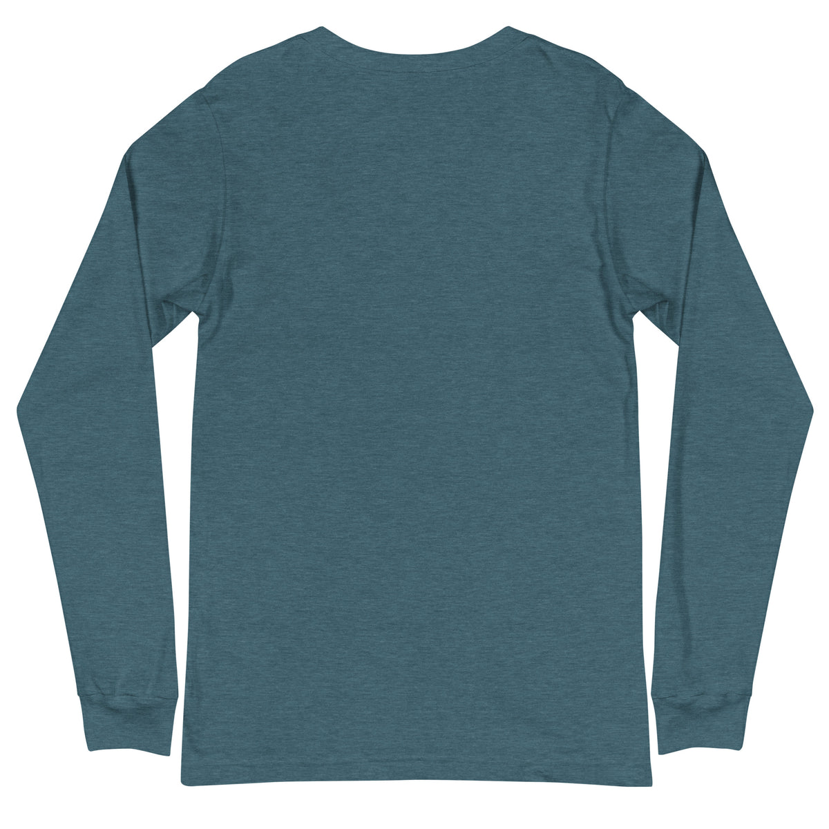 Resting Witch Face whimsigoth design, a witch in round sunglasses with her black cat and a raven, on a heather deep teal unisex long sleeve tee, back view