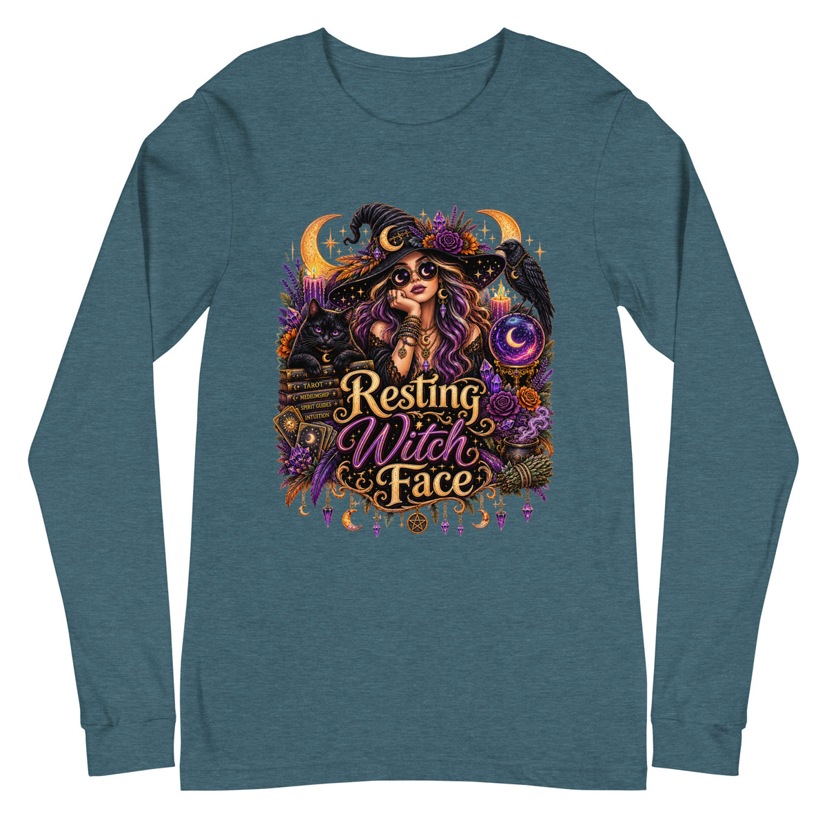 Resting Witch Face whimsigoth design, a witch in round sunglasses with her black cat and a raven, on a heather deep teal unisex long sleeve tee, front view
