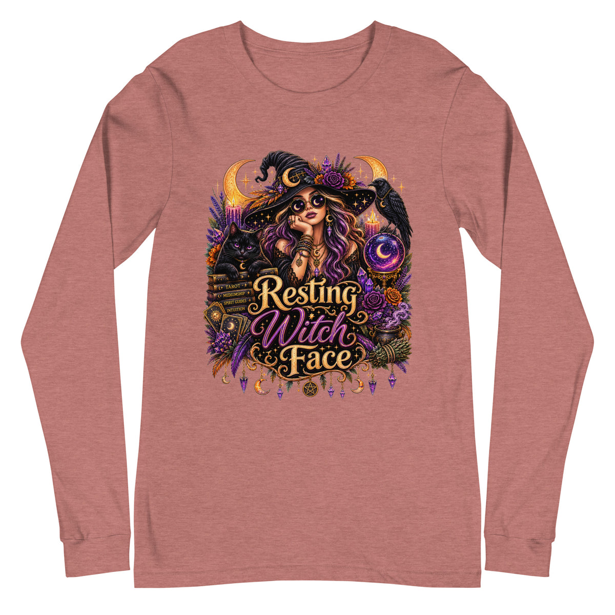 Resting Witch Face whimsigoth design, a witch in round sunglasses with her black cat and a raven, on a heather mauve unisex long sleeve tee, front view