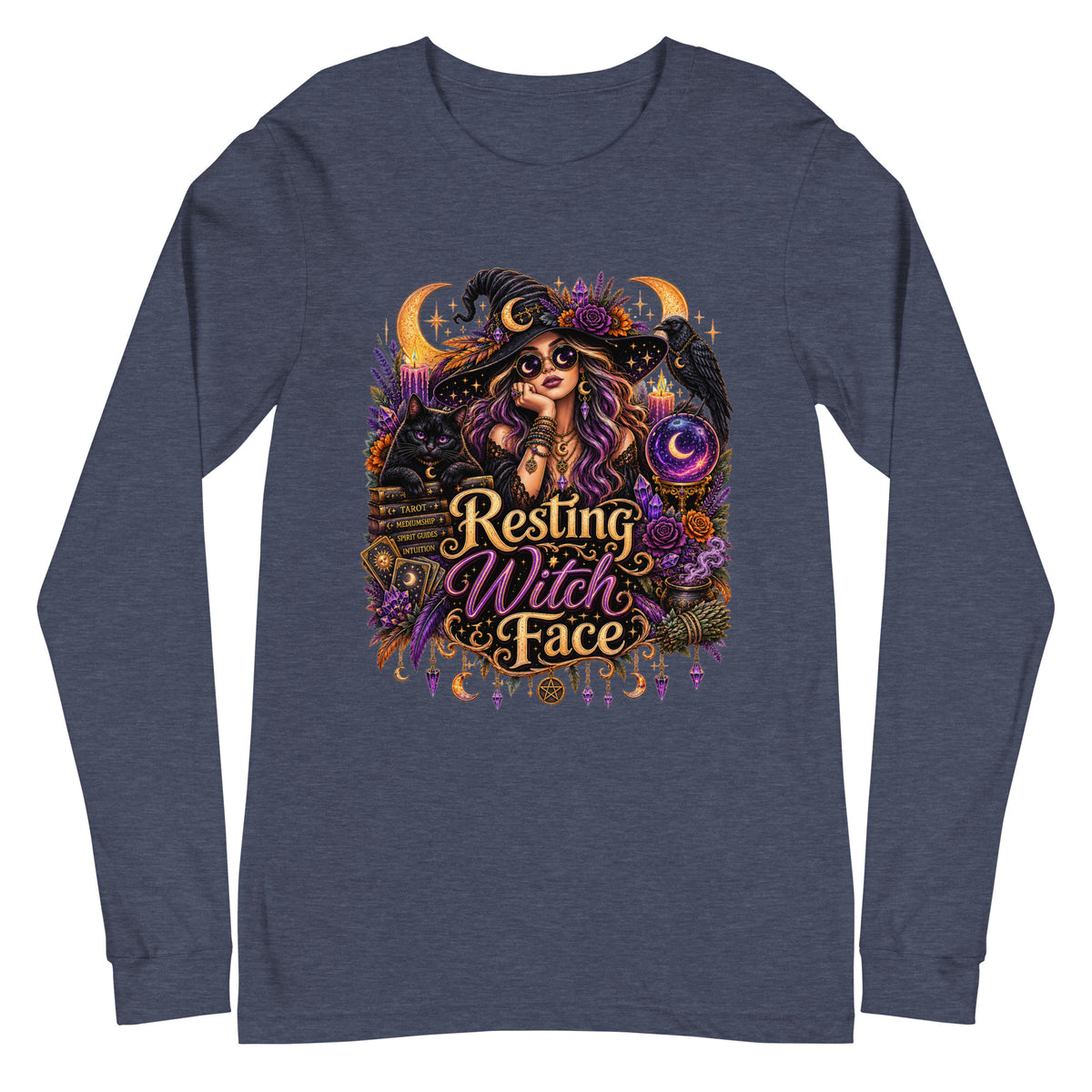 Resting Witch Face whimsigoth design, a witch in round sunglasses with her black cat and a raven, on a heather navy unisex long sleeve tee, front view