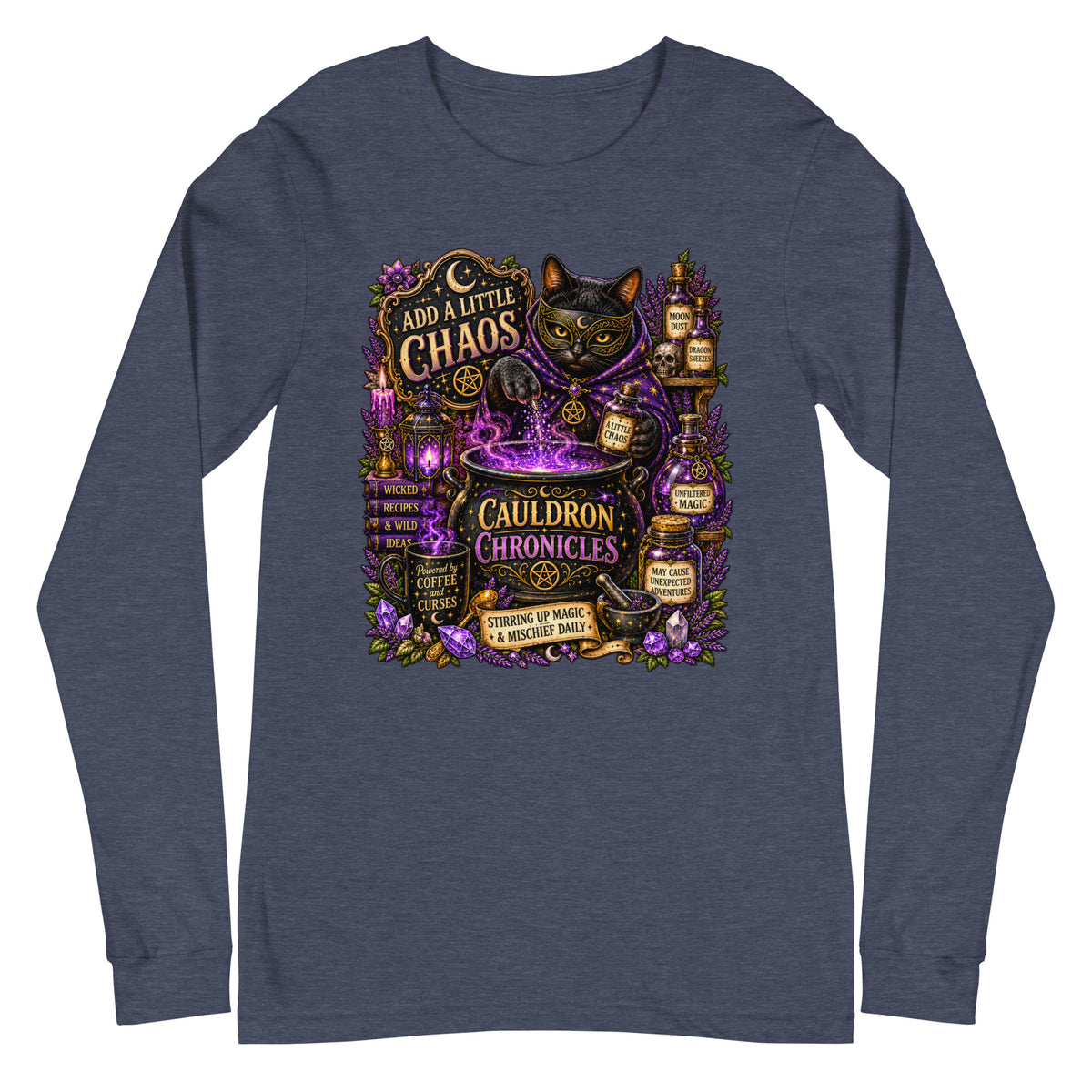 Add A Little Chaos design, a masked black cat stirring a bubbling purple cauldron, on a heather navy unisex long sleeve tee, front view