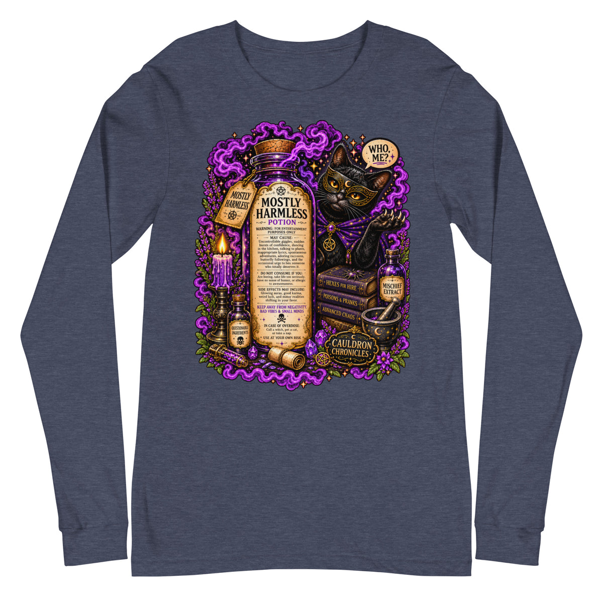 Mostly Harmless design, a potion bottle and a masked black cat, on a heather navy unisex long sleeve tee, front view