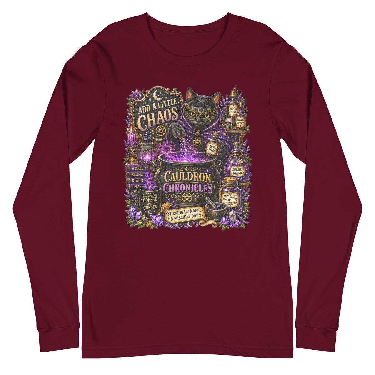 Add A Little Chaos design, a masked black cat stirring a bubbling purple cauldron, on a maroon unisex long sleeve tee, front view