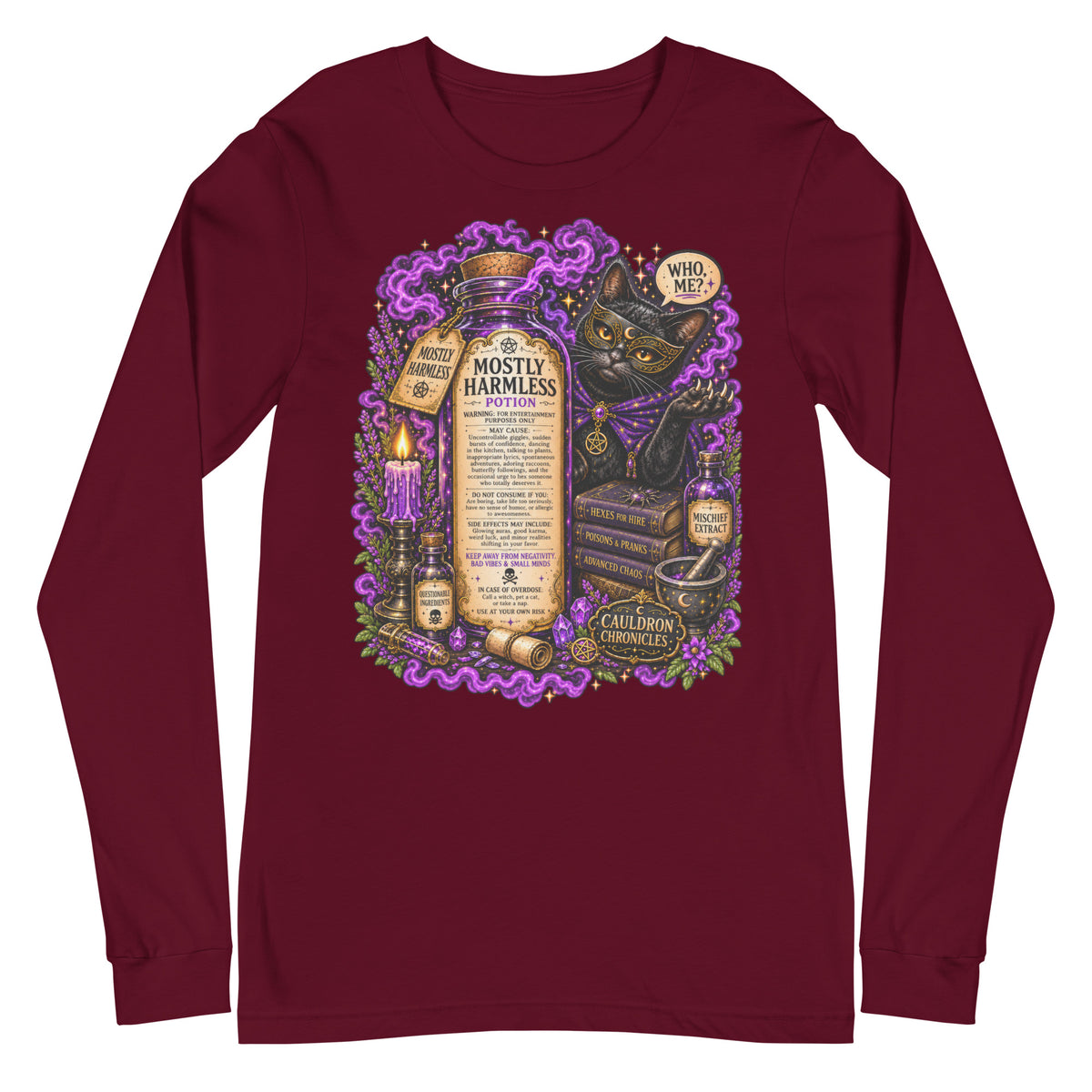 Mostly Harmless design, a potion bottle and a masked black cat, on a maroon unisex long sleeve tee, front view