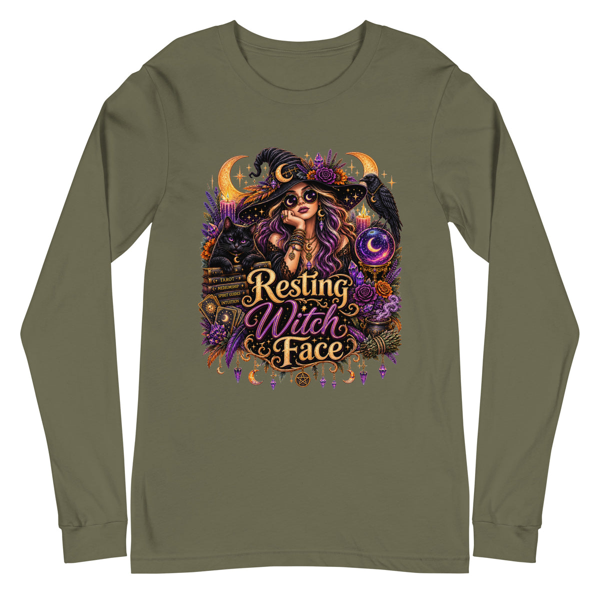 Resting Witch Face whimsigoth design, a witch in round sunglasses with her black cat and a raven, on a military green unisex long sleeve tee, front view