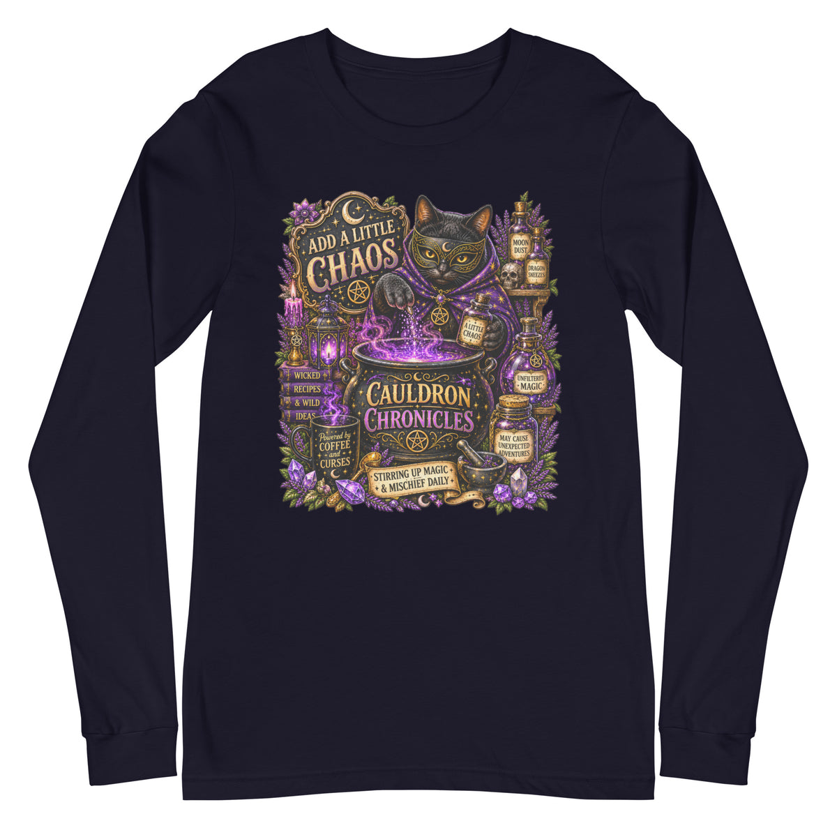 Add A Little Chaos design, a masked black cat stirring a bubbling purple cauldron, on a navy unisex long sleeve tee, front view