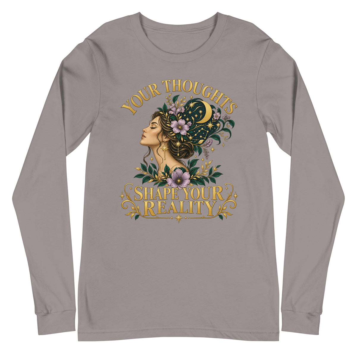 Your Thoughts Shape Your Reality unisex long sleeve tee in storm, front. Gold lettering above a woman's profile with celestial imagery.