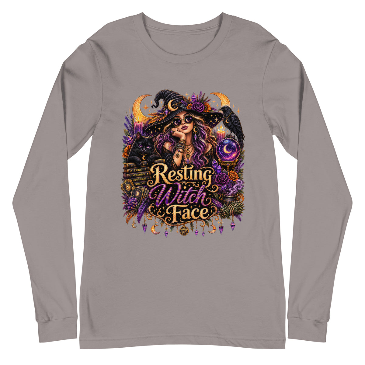 Resting Witch Face whimsigoth design, a witch in round sunglasses with her black cat and a raven, on a storm gray unisex long sleeve tee, front view