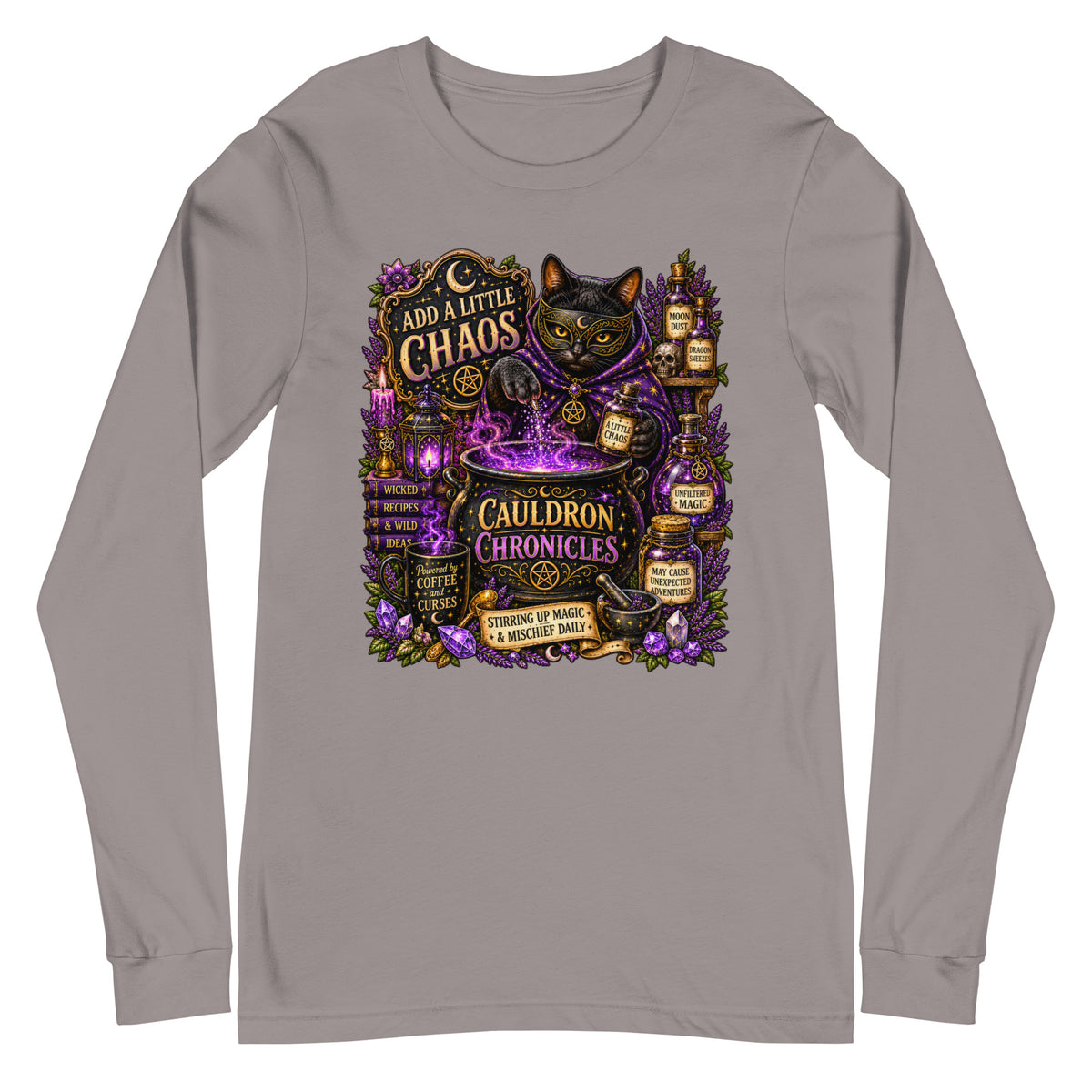 Add A Little Chaos design, a masked black cat stirring a bubbling purple cauldron, on a storm unisex long sleeve tee, front view