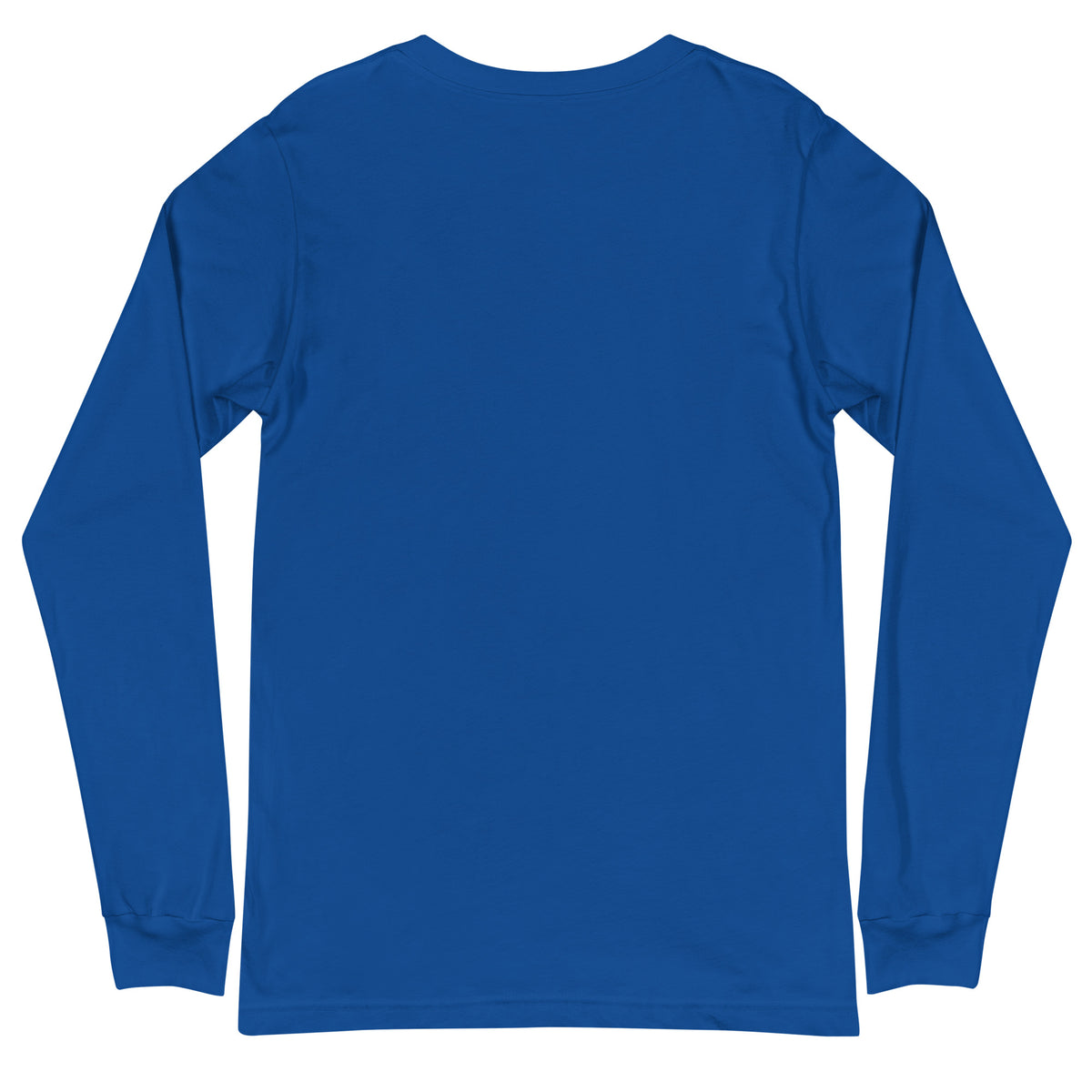 Mostly Harmless unisex long sleeve tee in true royal, back view