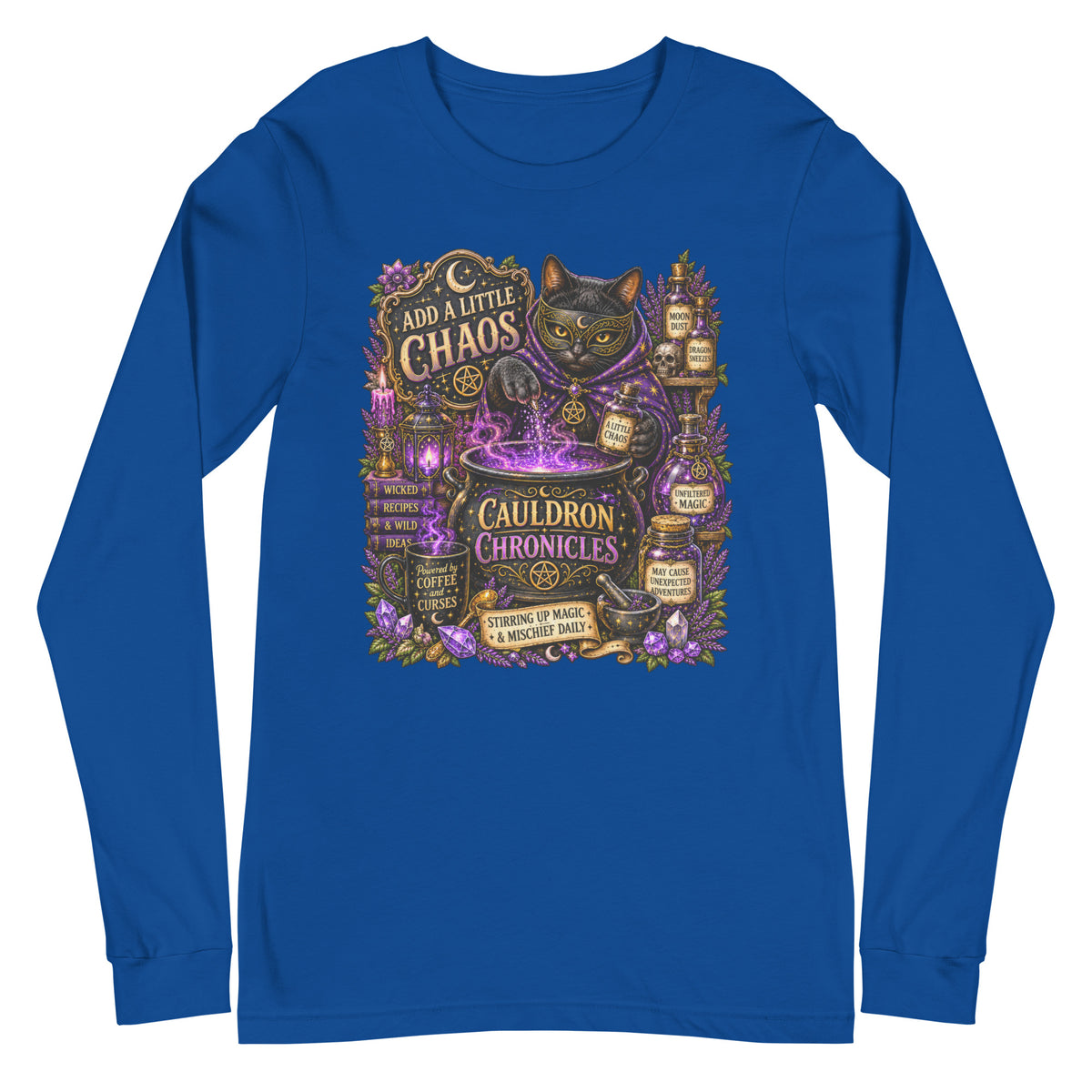 Add A Little Chaos design, a masked black cat stirring a bubbling purple cauldron, on a true royal unisex long sleeve tee, front view