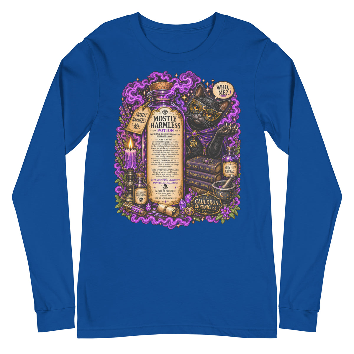 Mostly Harmless design, a potion bottle and a masked black cat, on a true royal unisex long sleeve tee, front view