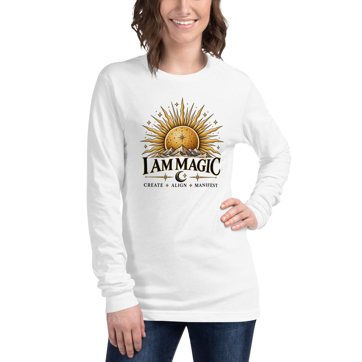 I Am Magic design with a gold sun face, Be Magical collection, on a white unisex long sleeve tee, front view
