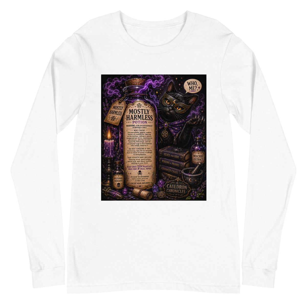 Mostly Harmless whimsigoth design, a potion bottle with a long warning label, on a white unisex long sleeve tee, front view