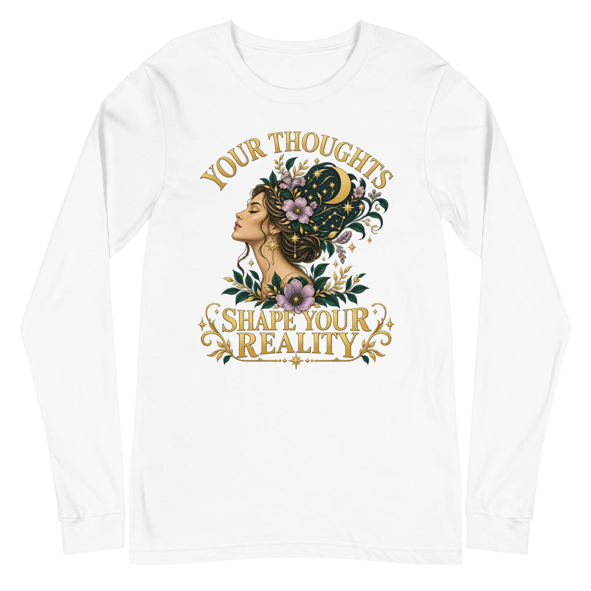 Your Thoughts Shape Your Reality unisex long sleeve tee in white, front. Gold lettering above a woman's profile with stars, lavender and constellations.