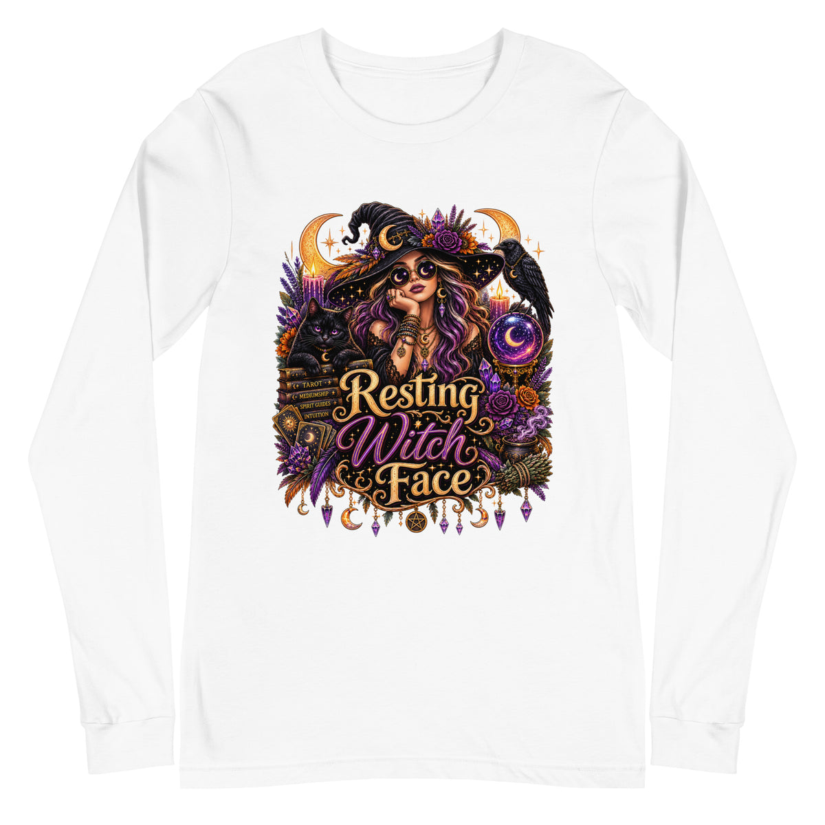 Resting Witch Face whimsigoth design, a witch in round sunglasses with her black cat and a raven, on a white unisex long sleeve tee, front view