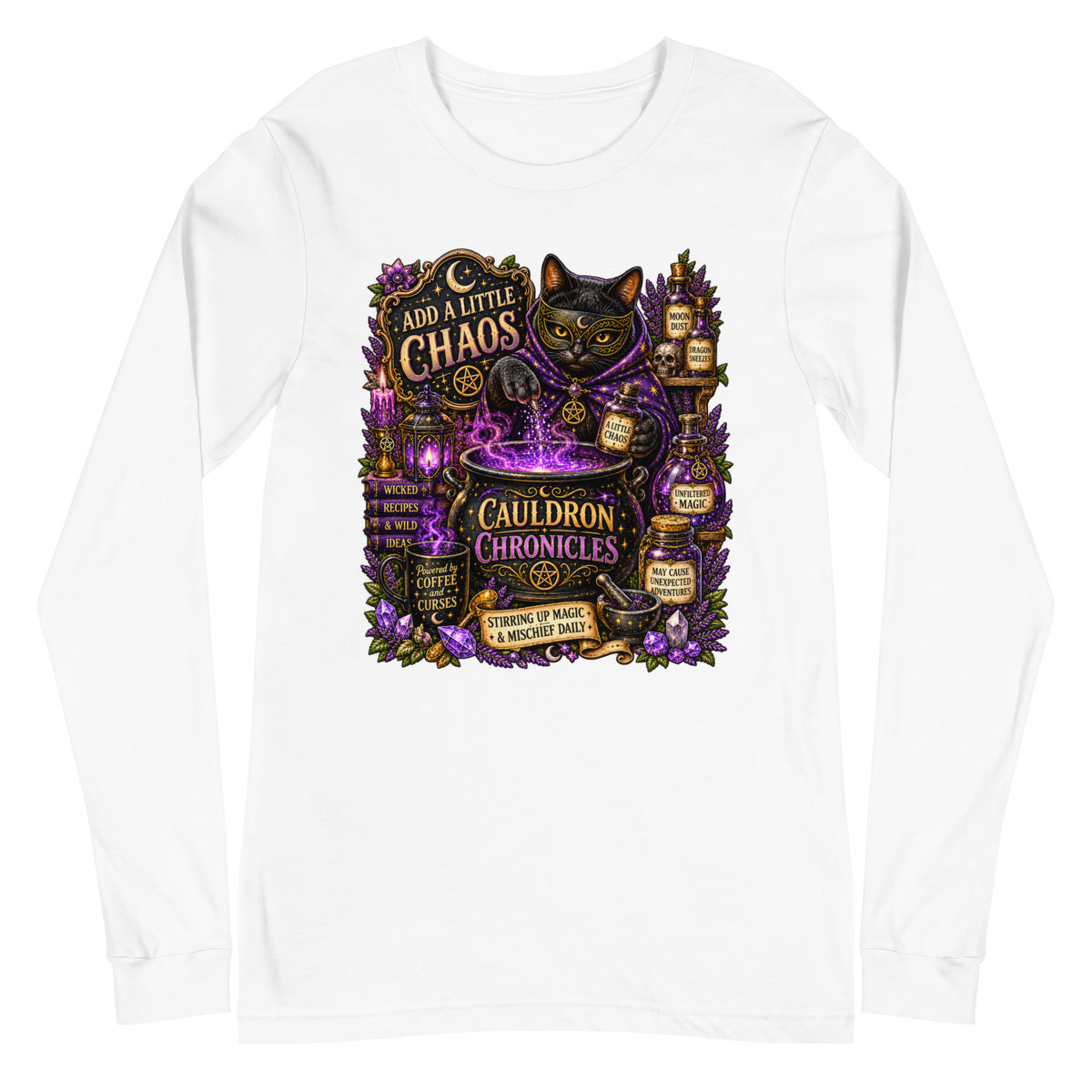 Add A Little Chaos design, a masked black cat stirring a bubbling purple cauldron, on a white unisex long sleeve tee, front view