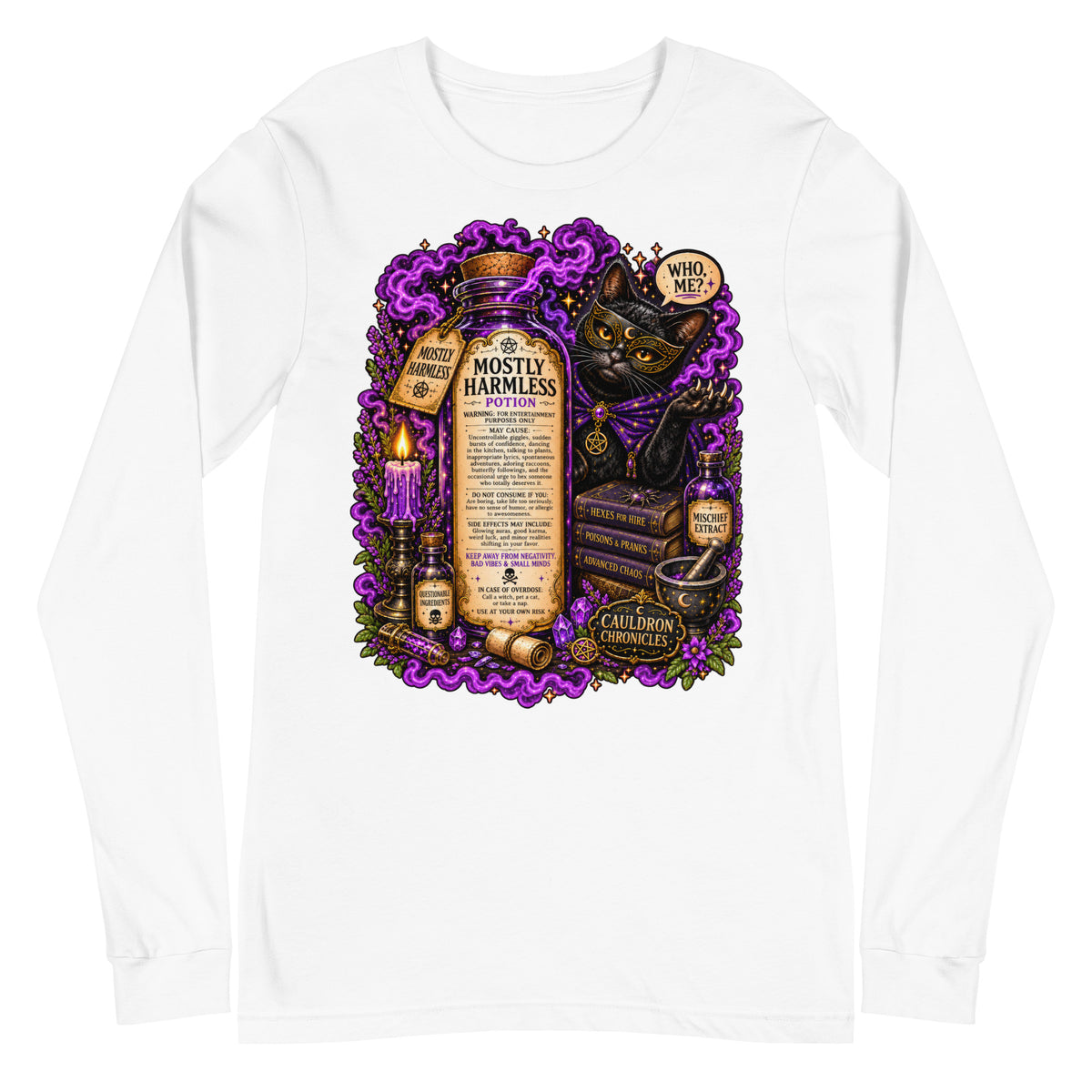 Mostly Harmless design, a potion bottle and a masked black cat, on a white unisex long sleeve tee, front view