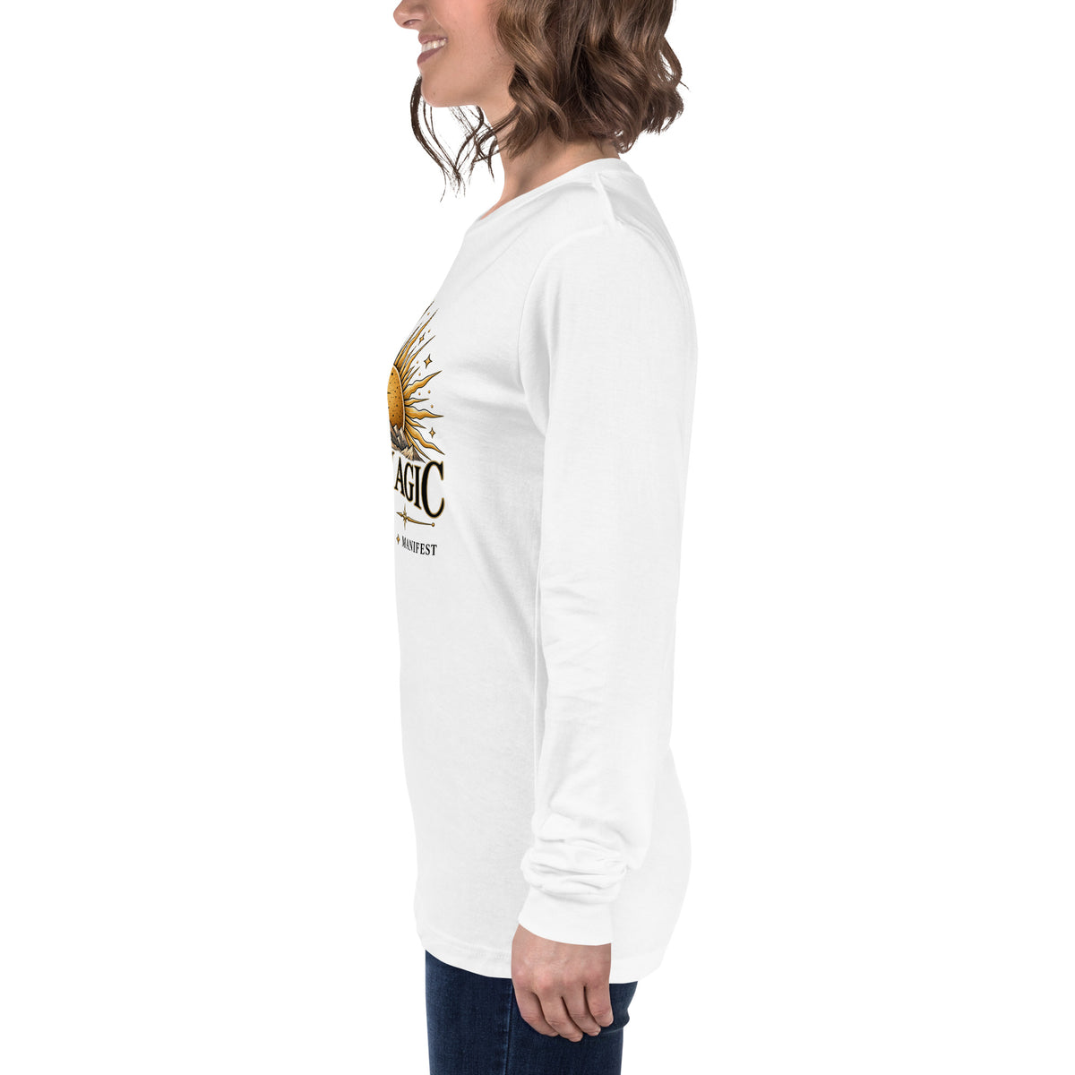 I Am Magic design with a gold sun face, Be Magical collection, on a white unisex long sleeve tee, left side view