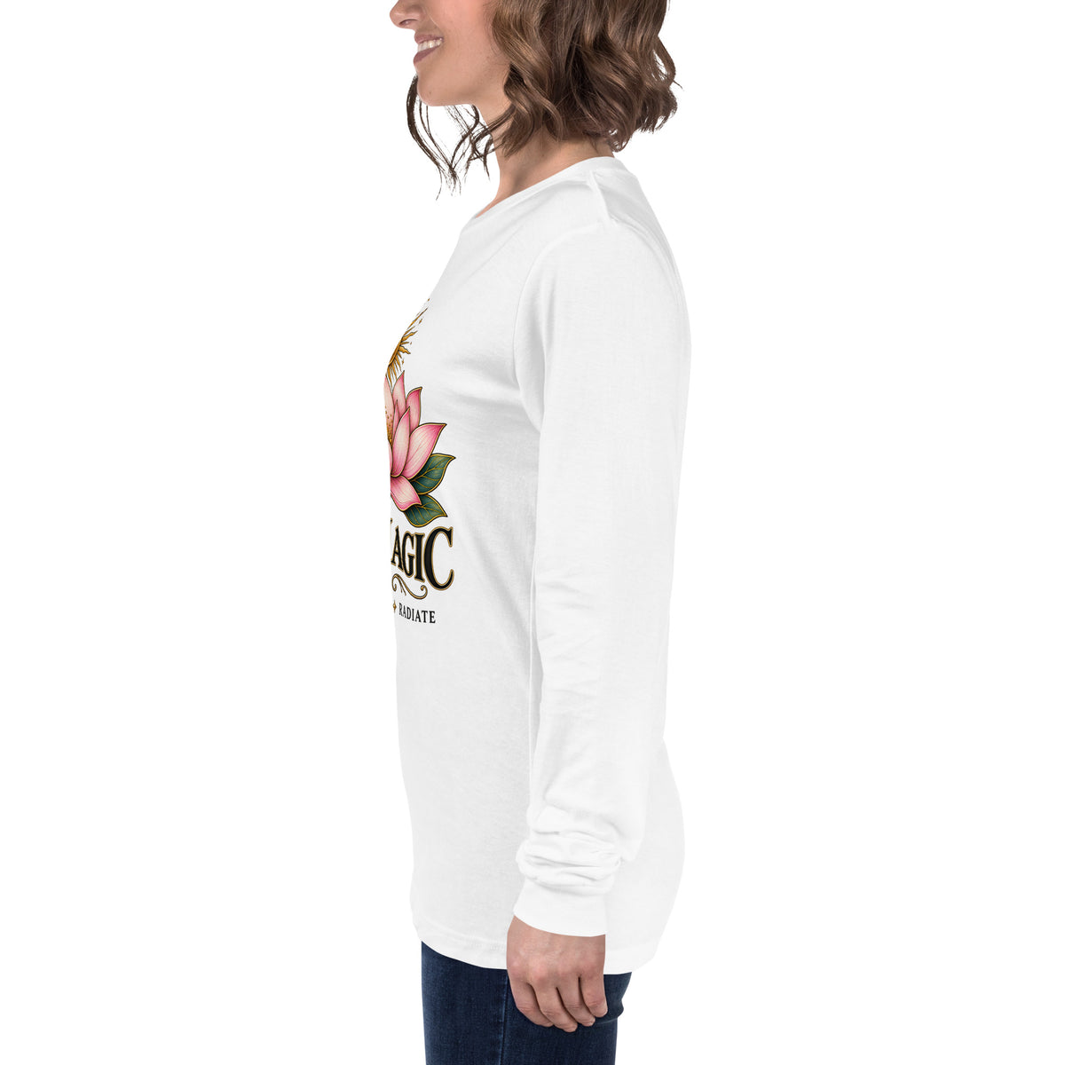 I Am Magic design with a gold lotus, Be Magical collection, on a white unisex long sleeve tee, left side view