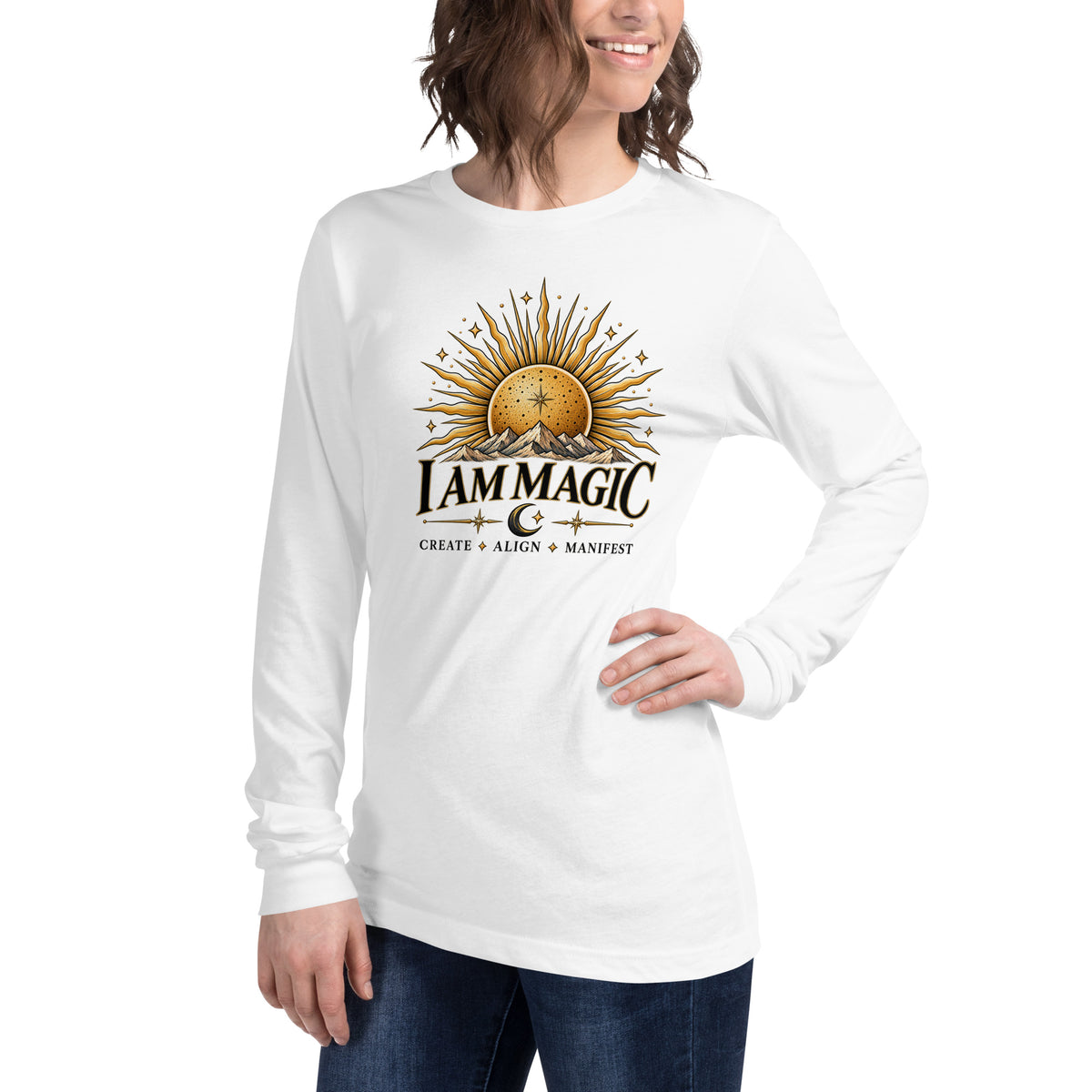 I Am Magic design with a gold sun face, Be Magical collection, on a white unisex long sleeve tee, angled left front view