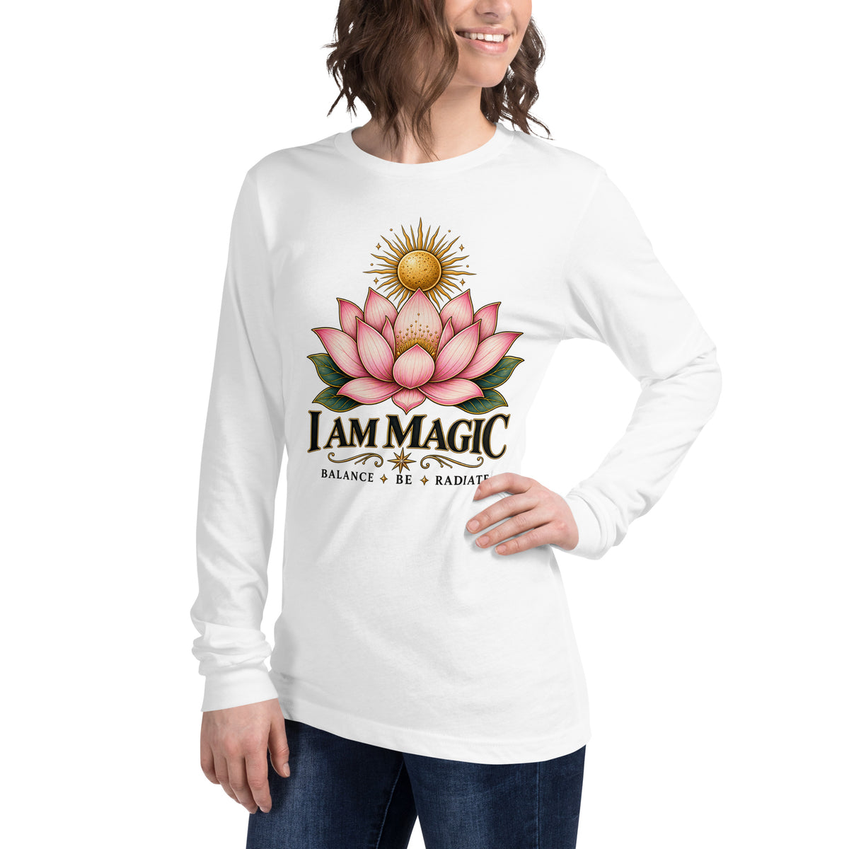 I Am Magic design with a gold lotus, Be Magical collection, on a white unisex long sleeve tee, angled left front view