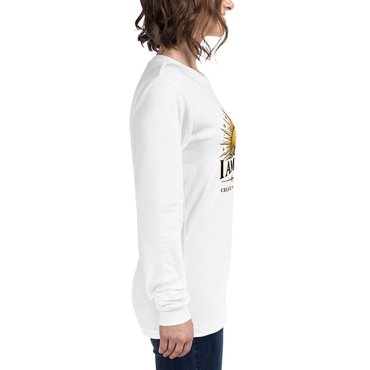 I Am Magic design with a gold sun face, Be Magical collection, on a white unisex long sleeve tee, right side view