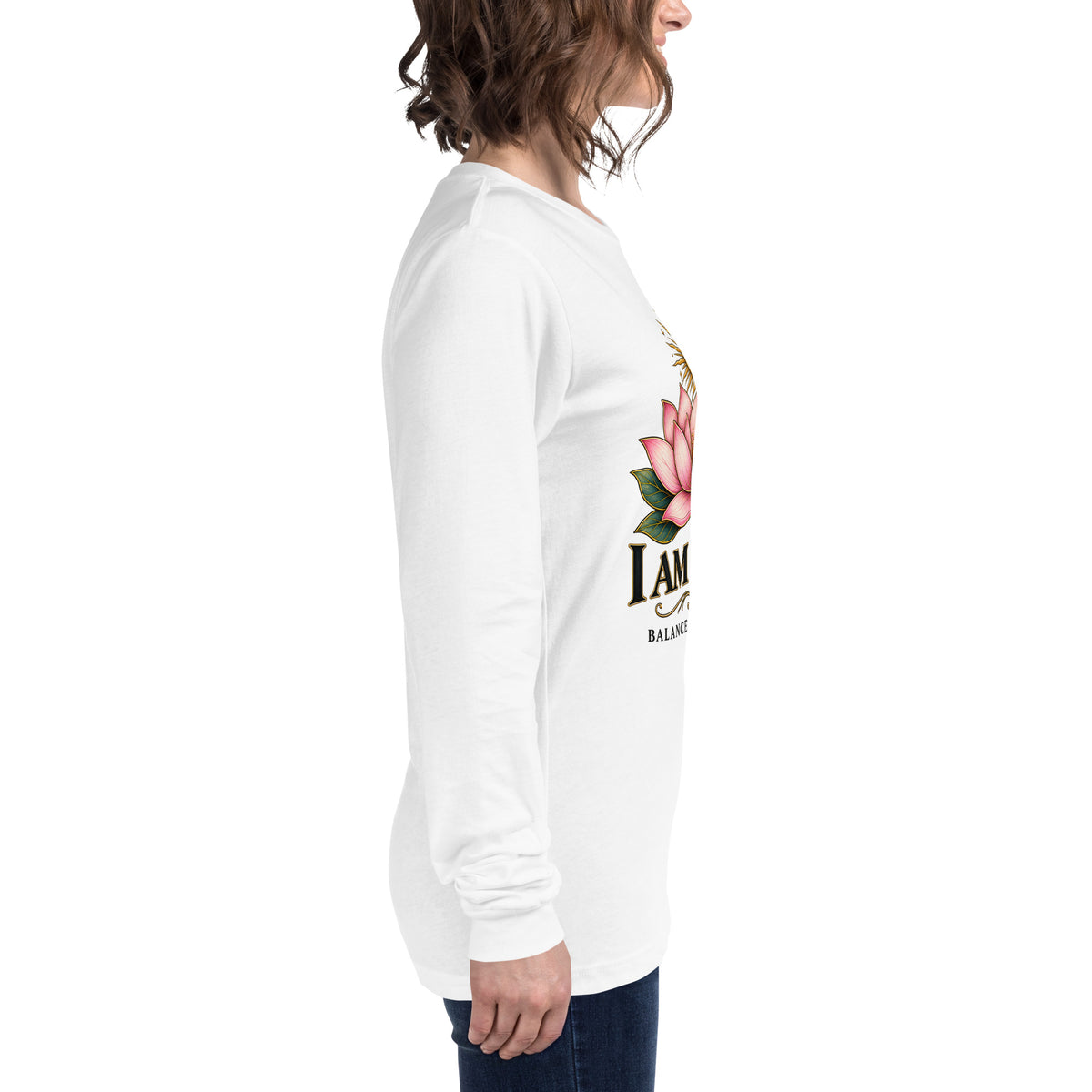 I Am Magic design with a gold lotus, Be Magical collection, on a white unisex long sleeve tee, right side view