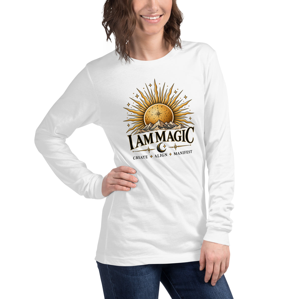 I Am Magic design with a gold sun face, Be Magical collection, on a white unisex long sleeve tee, angled right front view