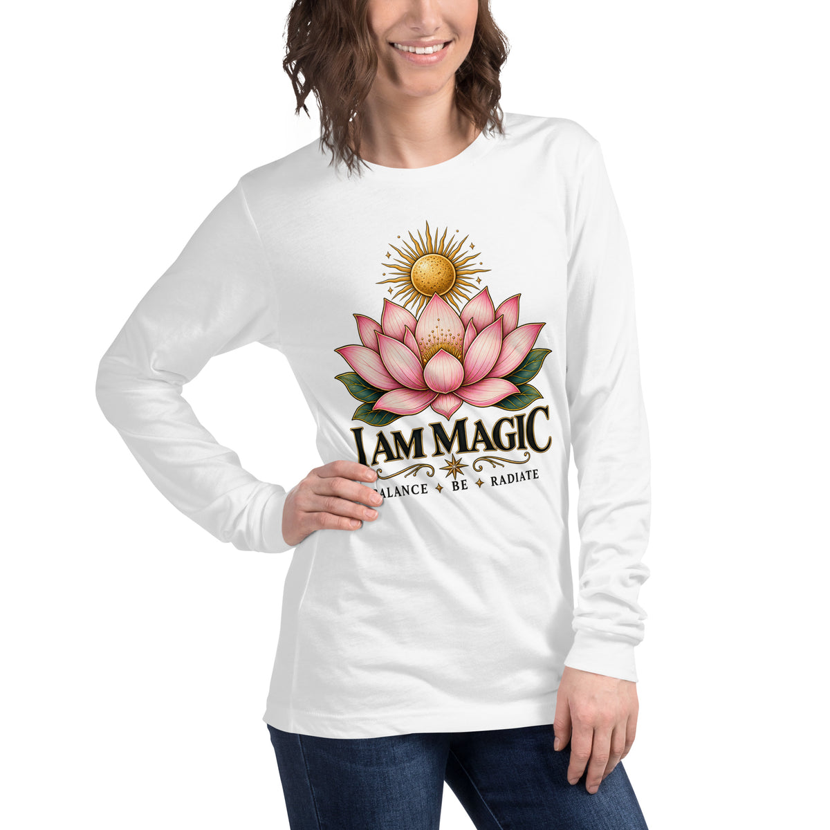 I Am Magic design with a gold lotus, Be Magical collection, on a white unisex long sleeve tee, angled right front view