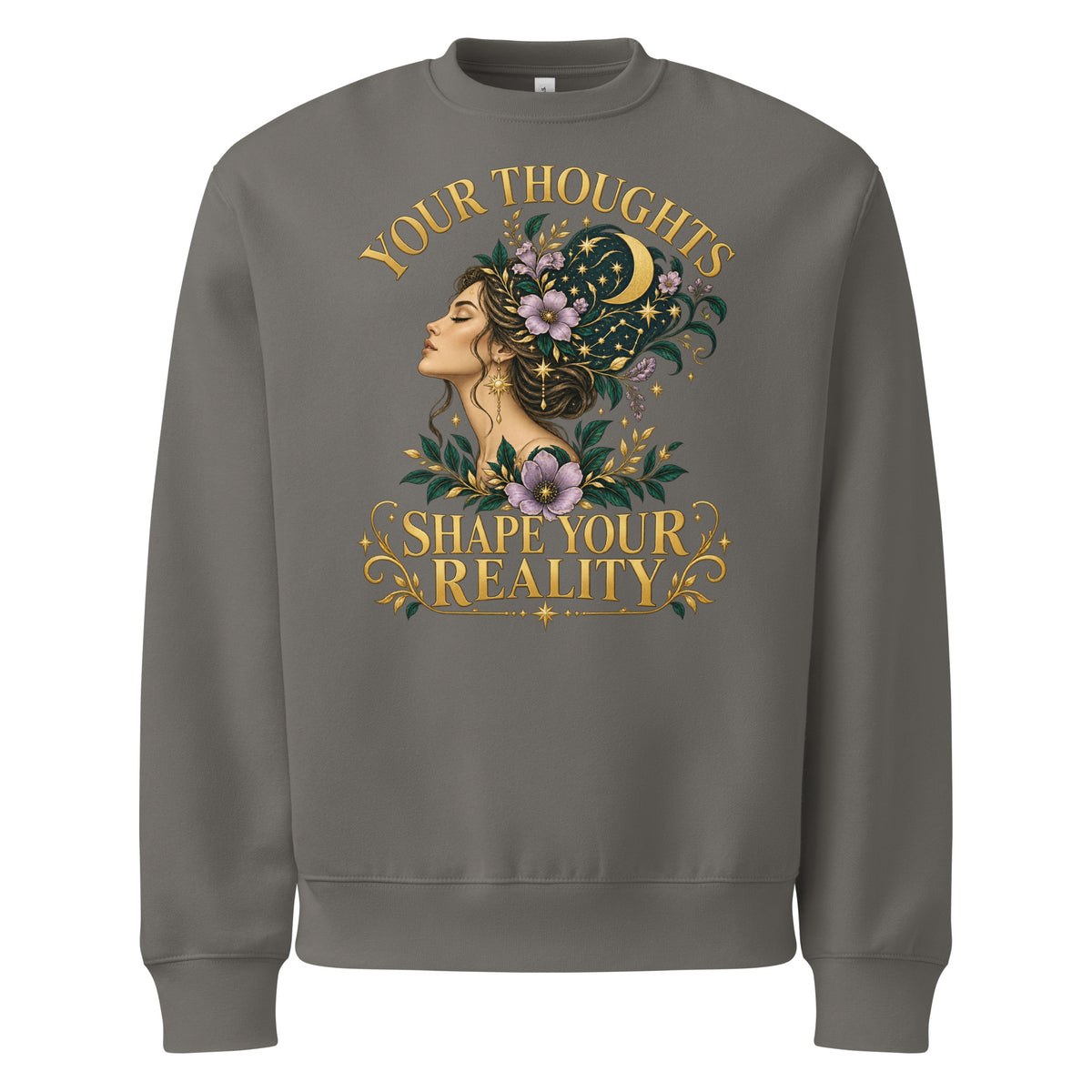 Your Thoughts Shape Your Reality oversized heavyweight sweatshirt in asphalt, front. Gold lettering above a woman's profile with celestial imagery.