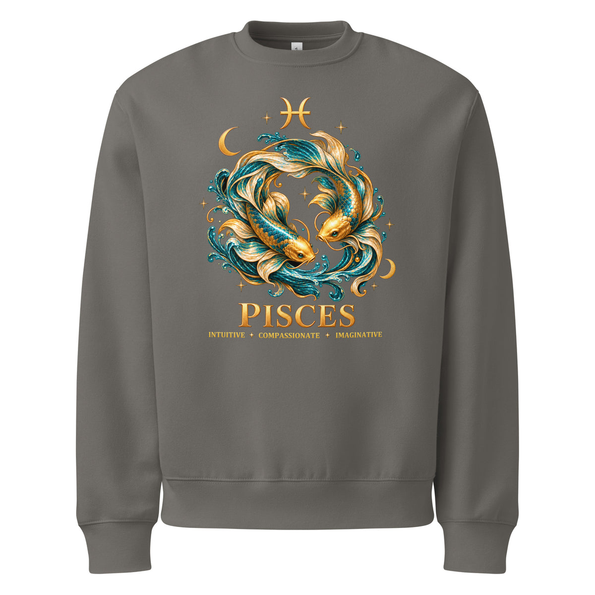 Pisces zodiac oversized sweatshirt in asphalt, front: two gold and teal koi in a night sky of gold stars with the Pisces glyph