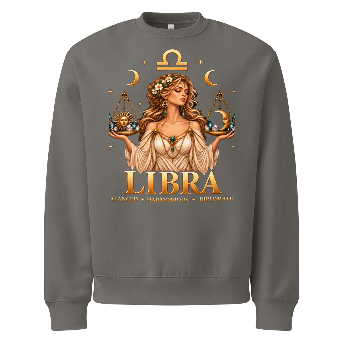 Libra zodiac oversized sweatshirt in asphalt, front: a woman holding golden scales in a night sky of gold stars with the Libra glyph